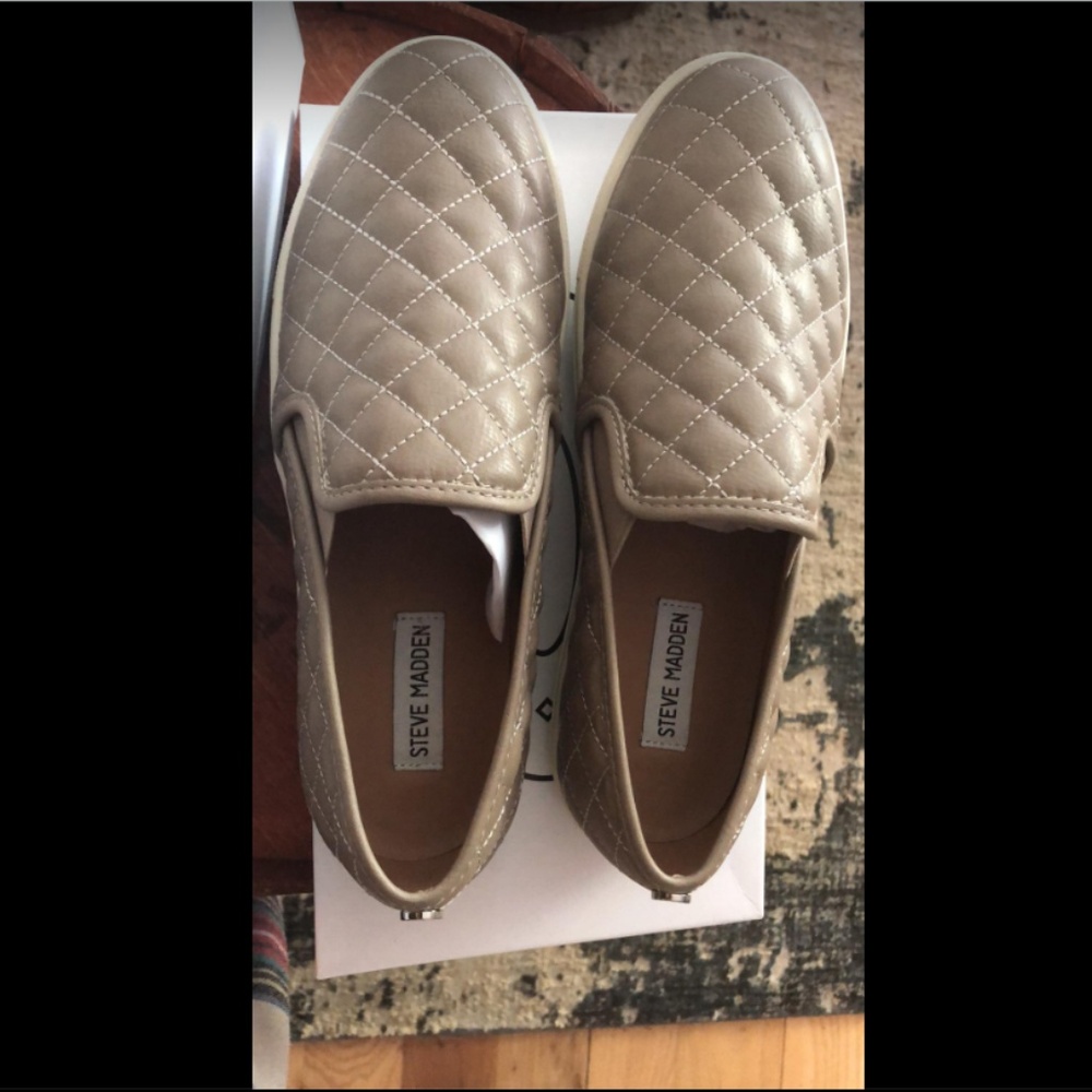 Gray Faux Leather Steve Madden Quilted slip ons